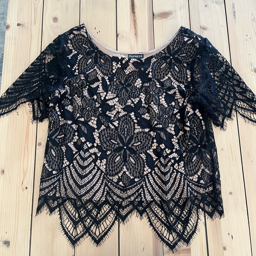 Express Black Floral Lace Short Sleeve Overlay Top